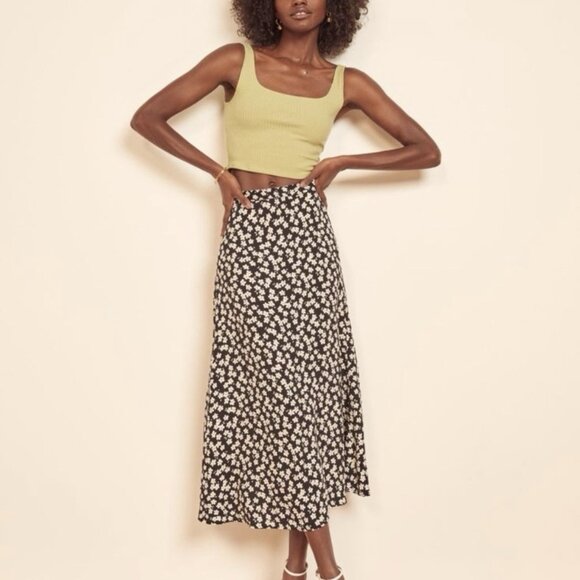 Reformation Bea Daisy Floral Print High-Waisted Midi Skirt Black White Size 0 - Picture 2 of 7